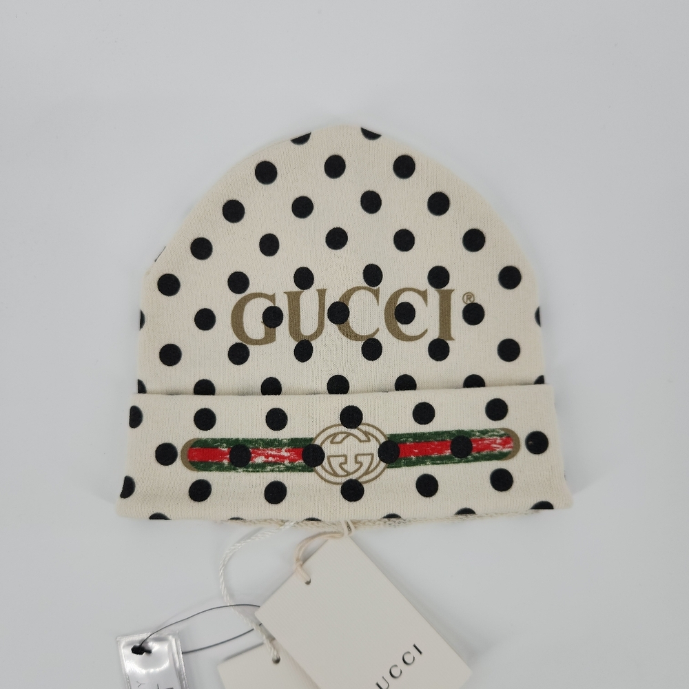 Gucci Baby Infant Hat Beige w/ Polka Dot & Logo Cotton Beanie Hat Size S / 14cm